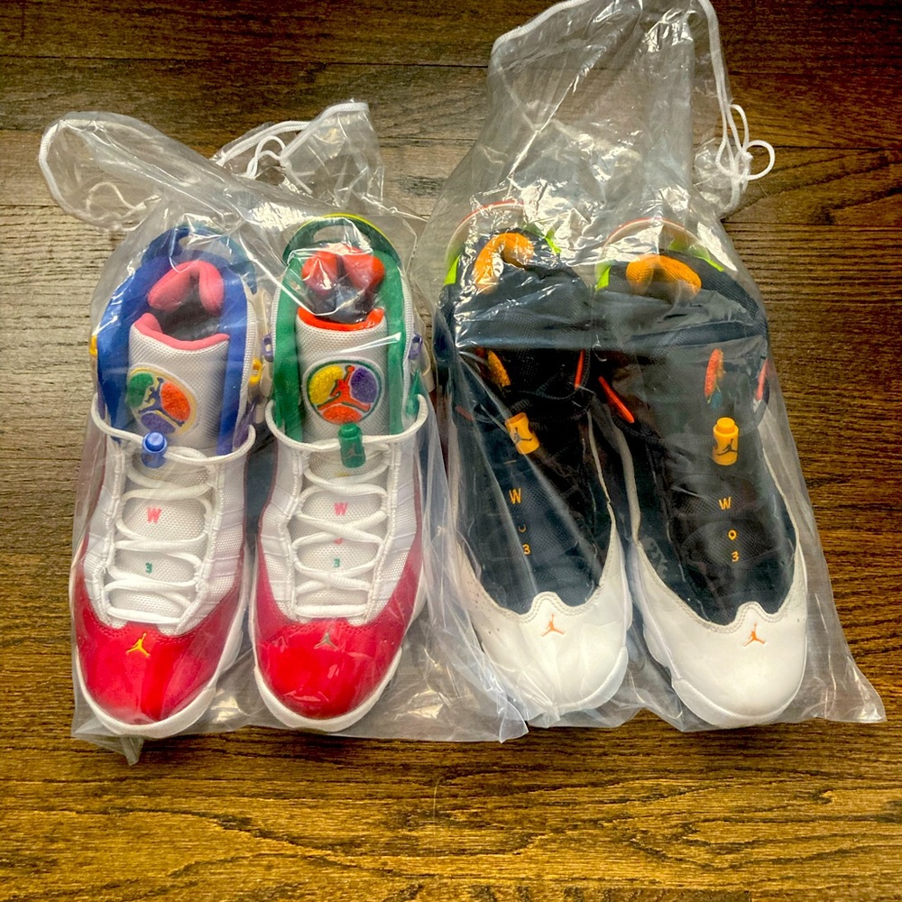 2 pairs of Jordan 6 Rings. Multi Colored. Good to Excellent condition on both.